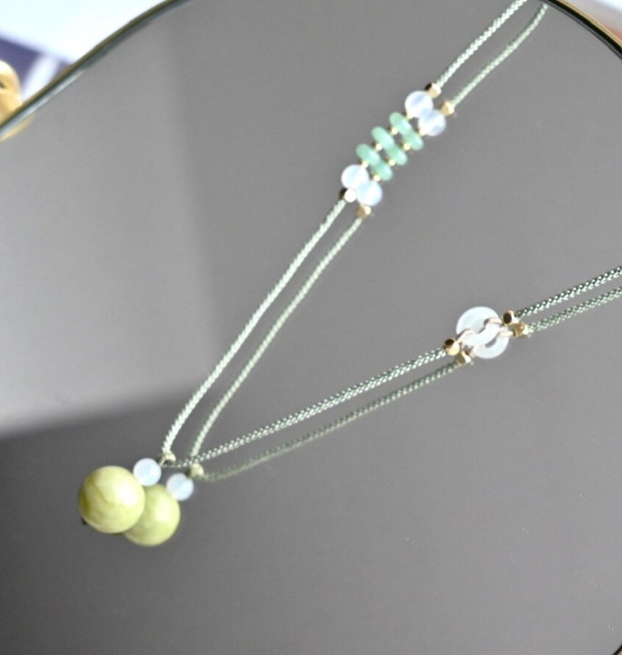 16mm Natural Serpentine Jade Necklace – Braided Cord Pendant, Minimalist Style