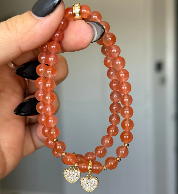 Beaded Charm Bracelet – Red Tone Stone-Style Beads, Handmade Women’s Jewelry