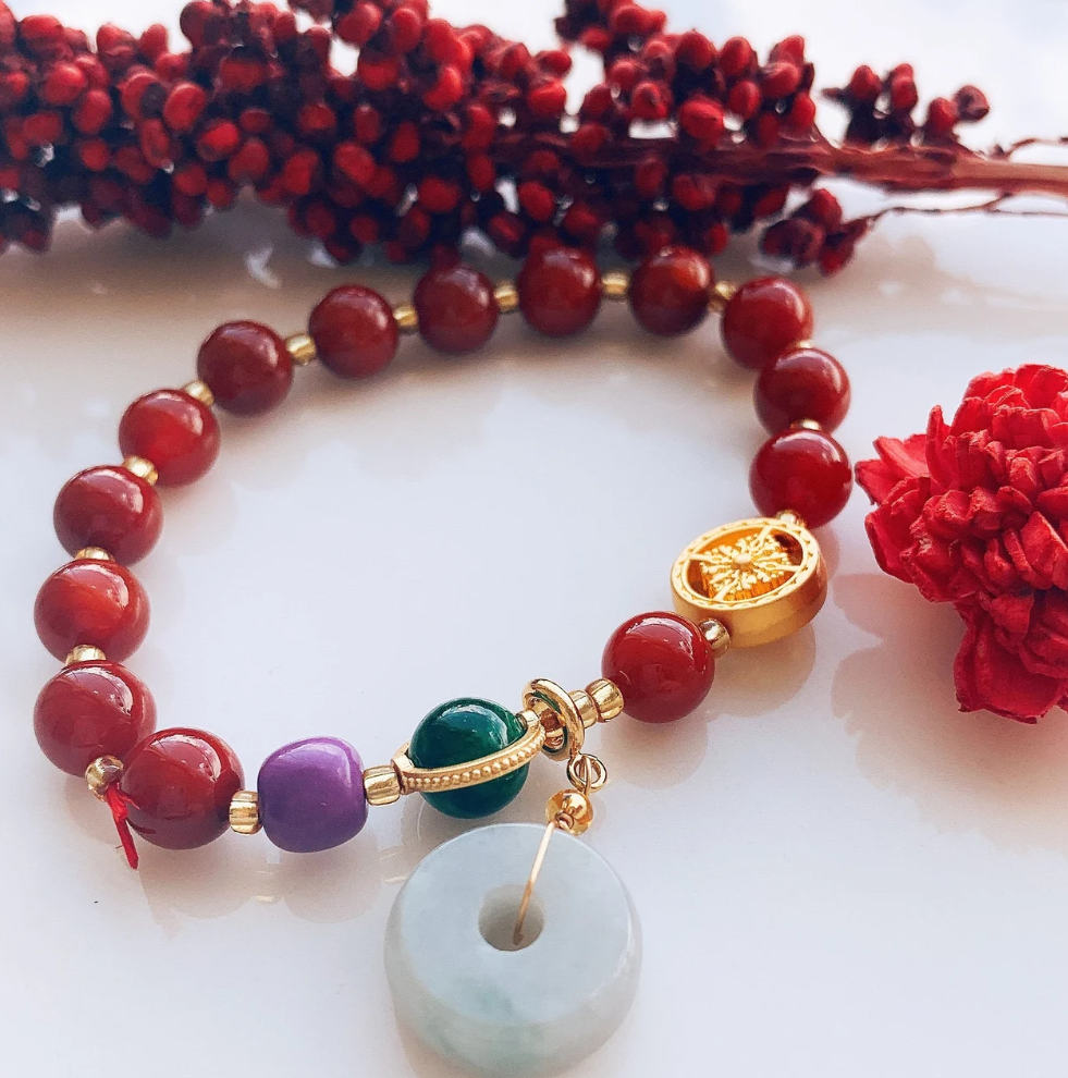 Beaded Stone Charm Bracelet – Red & Green Tone Beads, Elegant Women’s Gift Jewelry