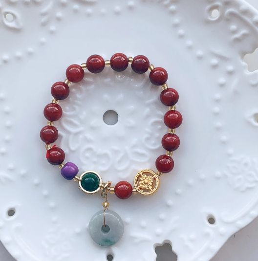 Beaded Stone Charm Bracelet – Red & Green Tone Beads, Elegant Women’s Gift Jewelry