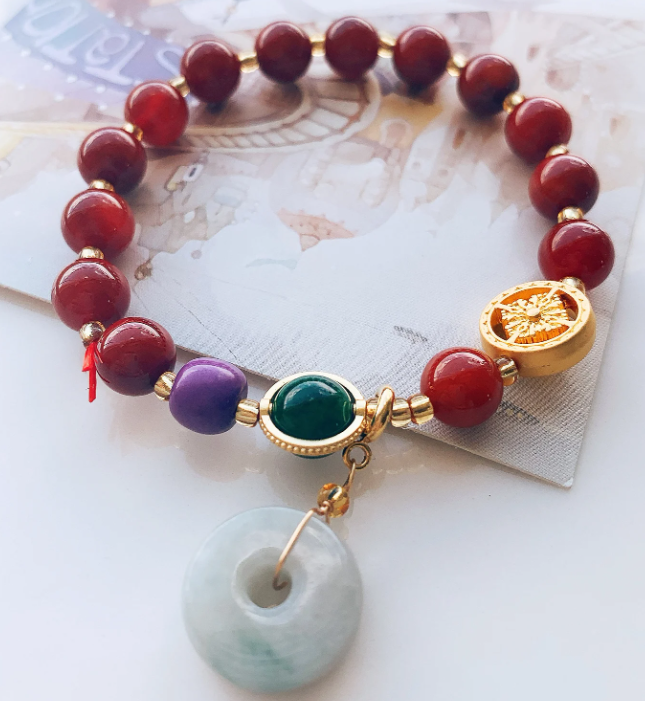 Beaded Stone Charm Bracelet – Red & Green Tone Beads, Elegant Women’s Gift Jewelry