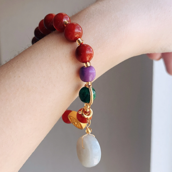 Beaded Stone Charm Bracelet – Red & Green Tone Beads, Elegant Women’s Gift Jewelry