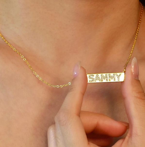 Personalized Bar Name Necklace – Dainty Pavé-Style Letter Pendant, Custom Gift Jewelry